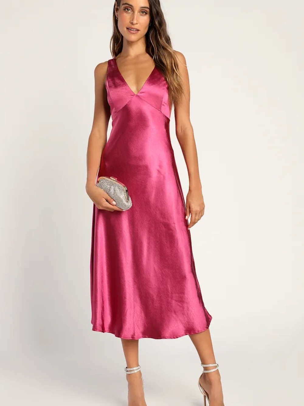 Lulu's | Satin V-Neck Magenta Midi Dress